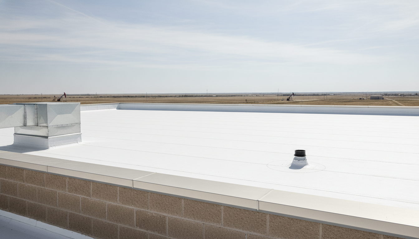 White TPO single-ply membrane roof on a one-story commercial building, showing heat-welded seams, metal parapet coping, and a sealed pipe boot penetration