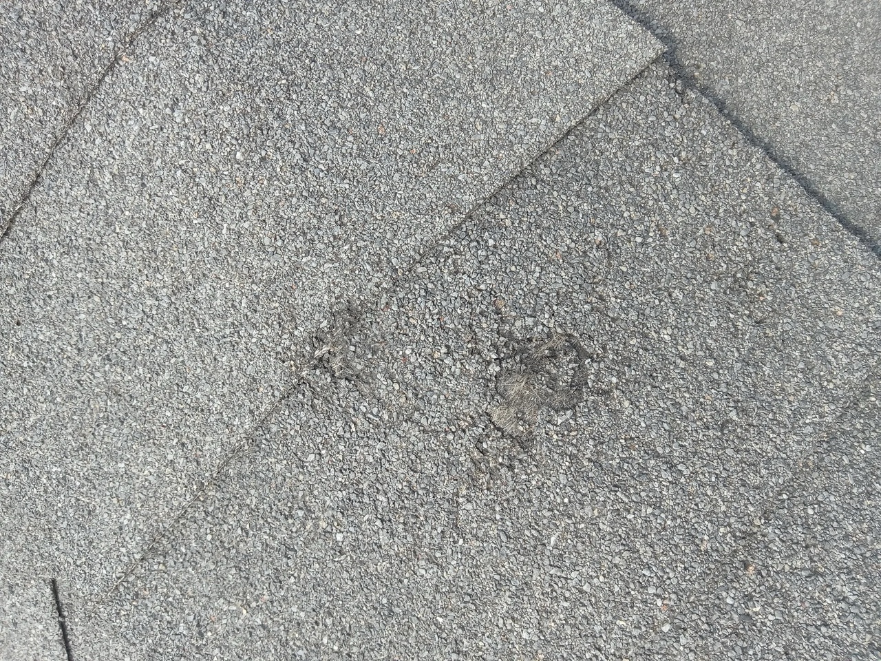 Close-up view of asphalt shingles showing hail damage with visible impacts and loss of granules on the surface