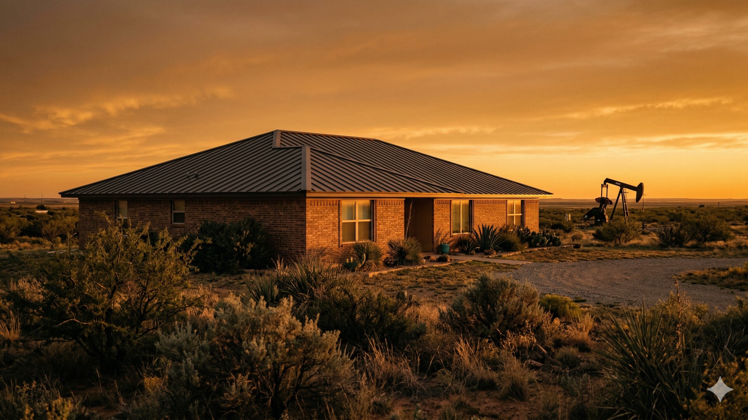Brick ranch home with dark hipped standing-seam metal roof in oilfield landscape; pumpjack and orange sunset sky in background. Likely AI... — 5 Star Roofing